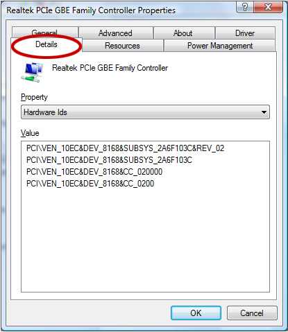 Details tab in Device Manager
